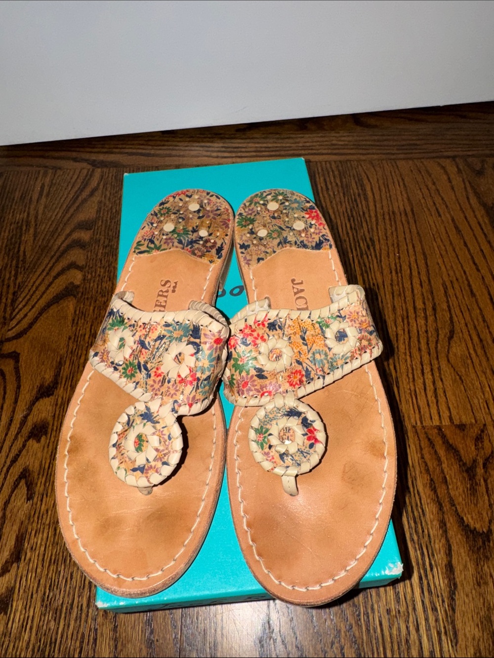 Jack Rogers Palm Beach Flat- Floral Embroidered Tan Leather Thong Sandals